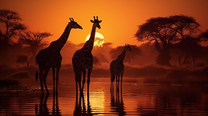 Fototapeta na wymiar Picturesque scenes of a sunlit savanna with silhouetted giraffes, blending the warmth of daylight with the majestic presence of African wildlife