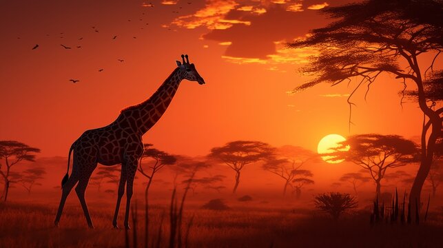 Picturesque scenes of a sunlit savanna with silhouetted giraffes, blending the warmth of daylight with the majestic presence of African wildlife