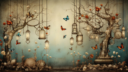 Shabby chic background butterflies flowers and vintage docoration, vintage wallpaper, illustration with copy space