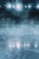 Foggy ice hockey rink with dramatic spotlights. Perfect for capturing the intensity and excitement of a hockey game. Ideal for sports-related designs and marketing materials