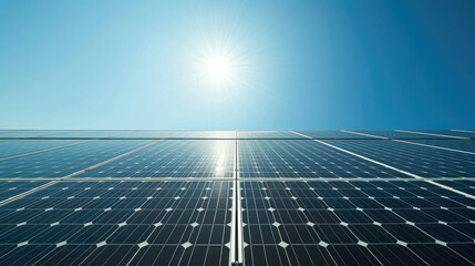 A high-efficiency solar panel installation against a backdrop of clear blue skies