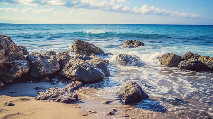 Sea coast with large stones in sunny weather, seascape