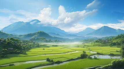  Picturesque views of sunlit paddy fields in a rural landscape, showcasing the beauty of agriculture under clear skies