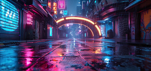 Cyberpunk night cityscape. Neon lights illuminate the wet streets, reflecting off the futuristic architecture, creating a vibrant future scene.
