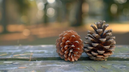 Two pine cones resting on a wooden table, suitable for rustic or nature-themed designs