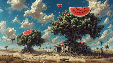  A painting of a tree with watermelon slices on it and some houses, AI © starush