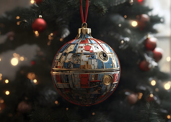 a close up of a christmas tree with a star wars ornament ornament hanging from the tree. generative...