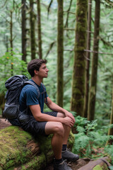 Man hiker, immersed in the lush greenery of the forest, takes a moment to rest on a moss-covered log.