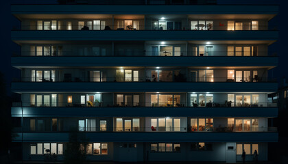 An apartment building at night with lights on in the windows