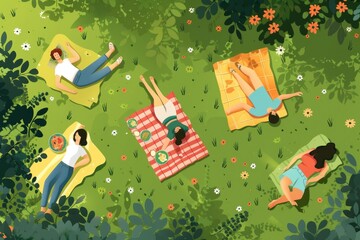 A group of people are laying down on a beautiful lush green field. Perfect for outdoor activities and relaxation