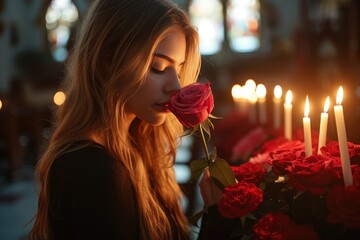 A young woman basks in the warm glow of a flickering candle, her delicate features illuminated as she inhales the intoxicating scent of a vibrant red rose in an outdoor garden