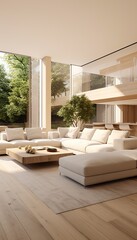Minimalist contemporary living room interior with spacious windows and sleek design