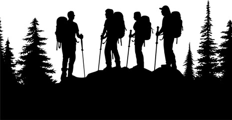 Hiking silhouette vector. Adventure silhouette vector. Mountain hiking silhouette. People with backpack vector silhouettes. Hiking group. AI generated illustration.