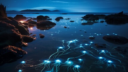  Surreal scenes of bioluminescent waters shimmering in the dark, as microscopic organisms create a magical display along the shoreline