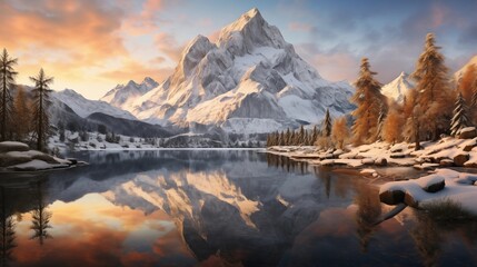 The golden hues of sunrise reflecting on the calm surface of alpine lakes, surrounded by snow-capped peaks and pristine wilderness