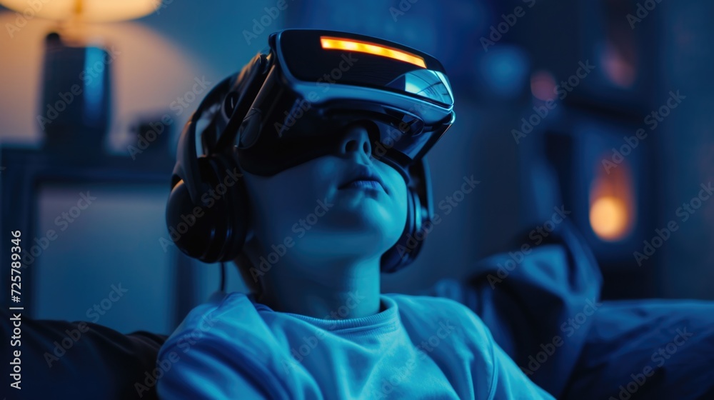 Poster a young boy is pictured wearing a virtual reality headset. this image can be used to depict the conc