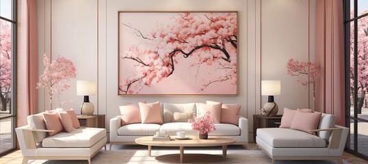 Modern Home living room Interior, sofa with pillows, table with flowers, big picture, pastel colours