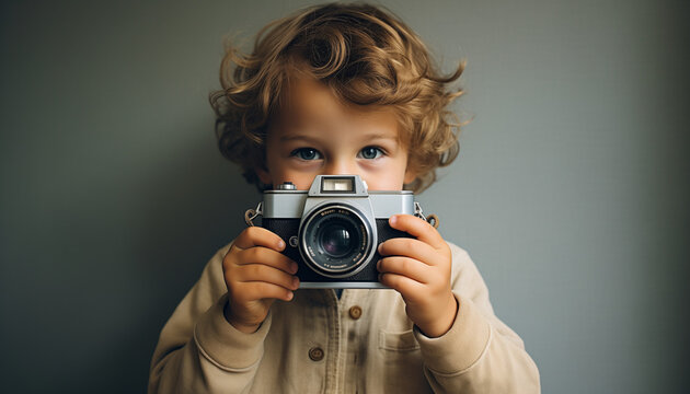 A young boy playing with an analogue camera and taking a picture