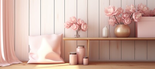 Modern Home Interior, shelf with vase, flowers and candles, pillow mockup, pastel colours