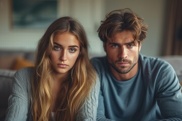 A portrait of a stylish couple gazing confidently at the camera, their expressive eyebrows and lips framed by their rich brown hair and contrasting clothing, against the backdrop of a simple indoor w