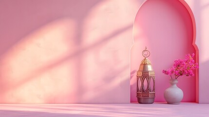 Serene Composition: Arabic Lantern with Spring Blossoms on Pink