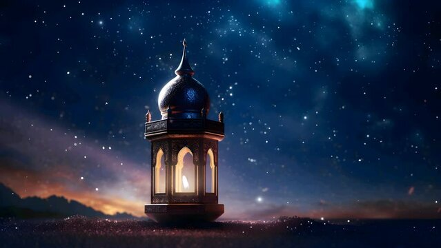 Arabic lantern with a background of falling meteors in the middle of the night sky
