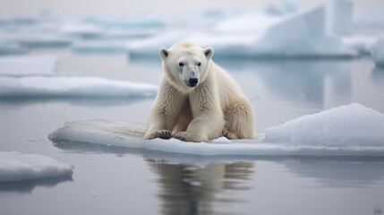 A polar bear on a melting snow floe in the water in the Arctic. The problem and consequences of climate change.