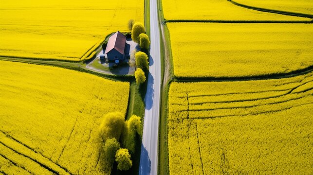 A bird's-eye perspective capturing the vivid yellow hues of canola fields in full bloom