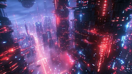 Ai Illustration of a cybernetic futuristic city as a technology science fiction background with purple and blue neon lights aerial view
