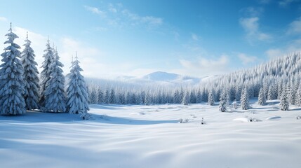 Fototapeta na wymiar A winter landscape featuring snow-covered evergreen trees, with a pristine blanket of snow