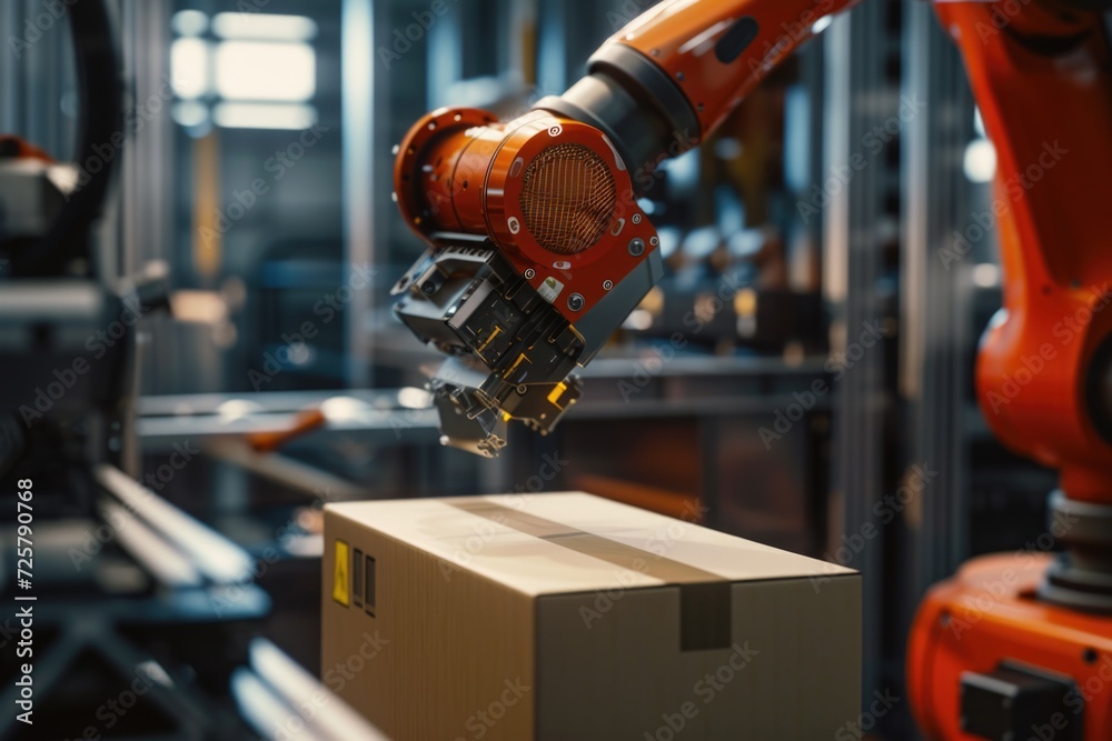 Aufkleber A robotic arm is seen moving a box on a conveyor belt. This image can be used to illustrate automation, manufacturing, or technology concepts