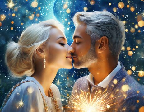 Romantisches Paar küsst sich unter Sternenhimmel (Mann & Frau)