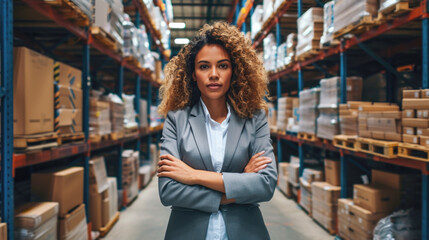 Confident Female Manager in Warehouse Overseeing Inventory - obrazy, fototapety, plakaty