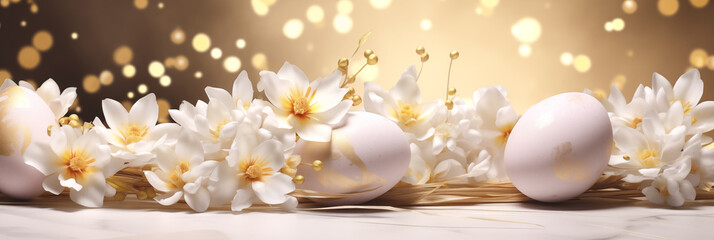 Obraz na płótnie Canvas Golden and white Easter eggs with delicate flowers and bokeh lights banner. Panoramic web header. Wide screen wallpaper