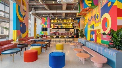 Vibrant Coworking Space: Unconventional Seating, Bold Art, and Flexibility for Remote Work and Collaboration