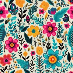 Fototapeta premium boho, doodle, floral seamless pattern, color pastel. Generative Ai