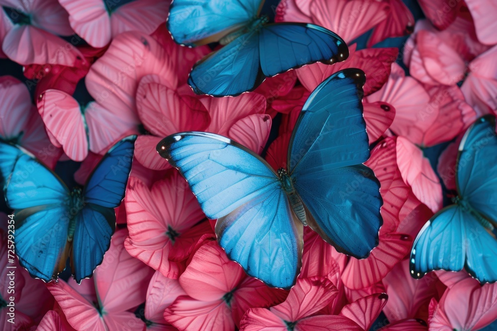 Poster Blue and pink butterflies stacked on top of each other. Perfect for adding a touch of color and nature to any project