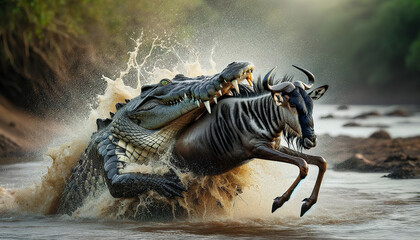 A dramatic wildlife scene showing a crocodile attacking a wildebeest at the water's edge, capturing the rawness of nature's survival battle. Animal behavior concept. AI generated.