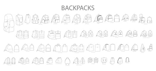 Huge set of backpacks silhouette bags. Fashion accessory technical illustration. Vector schoolbag front 3-4 view for Men, women, unisex style, flat handbag CAD mockup sketch outline isolated - obrazy, fototapety, plakaty