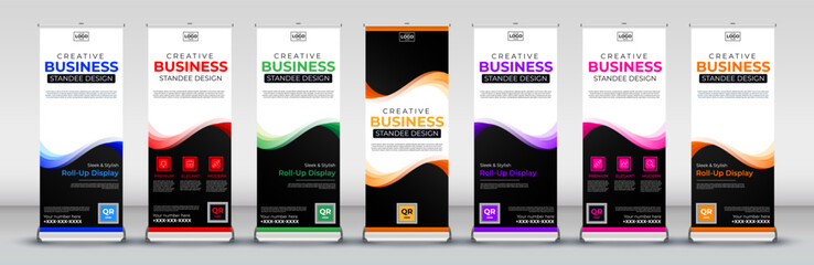 abstract Roll up banner vertical template design for events, brochure, flyer, infographics, x banner and flag banner advertising in blue, red, green, yellow, purple, pink and orange