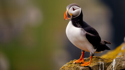Naklejka premium Birds like puffins confront the reduction of nesting locations along deteriorating shorelines attributed to the elevated sea levels resulting from climate change