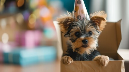 A Yorkshire terrier puppy wearing a hat peering out of a box. A festive atmosphere with a puppy as a gift on holiday, birthday, Christmas, or New Year.