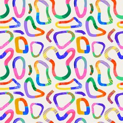 Various bright donut shapes and doodle objects. Different texture. Abstract, quirky style. Hand drawn illustration. Square seamless Pattern. Background, wallpaper. Repeating design element for print