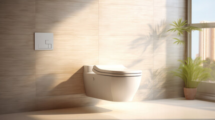 Interior of spacious clean bathroom with toilet bowl in modern apartment with beige tiled wall