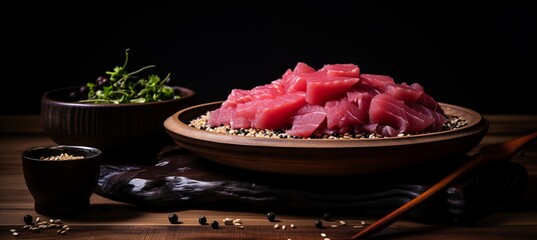 Slices of tuna on a wooden plate. Tuna sashimi with sesame. Sutudio shot