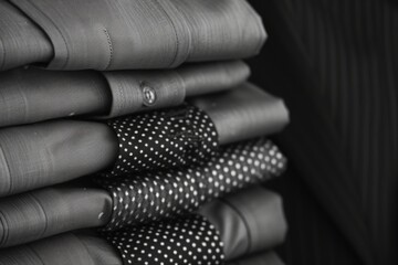 A stack of folded shirts and ties in black and white. Suitable for fashion or business-related themes