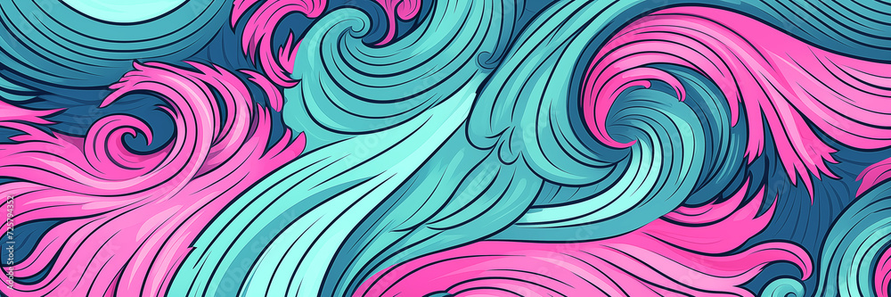 Wall mural vibrant pink and teal swirls in dynamic abstract design background banner. panoramic web header. wid