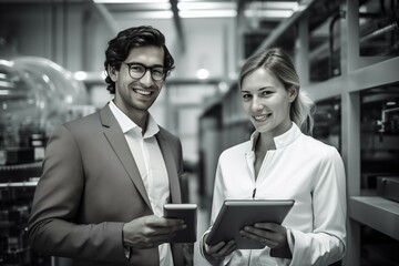 Portrait of happy coworkers. Businessman and Businesswoman working together. Happy work environment.