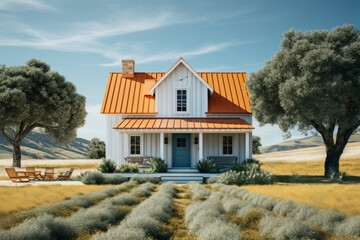 Photo of a house in the countryside with a beautiful landscape