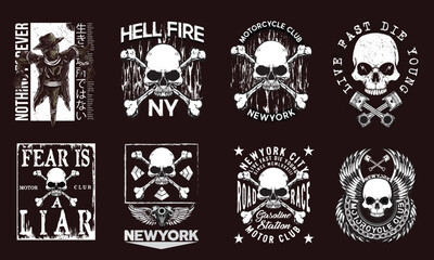 Motorcycle t-shirt graphics. Skull rider with pistons, horned demon. Racer community emblem. Biker vintage apparel print. Vector